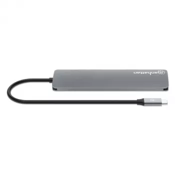 Manhattan USB-C dock/hub met kaartlezer, aansluitingen (x5): HDMI, USB-A (x2) en USB-C (x2), met Power Delivery (PD) 100W – vereist externe USB-C-oplader (niet inbegrepen). USB-gevoed (geen externe voeding nodig) wanneer PD niet wordt gebruikt