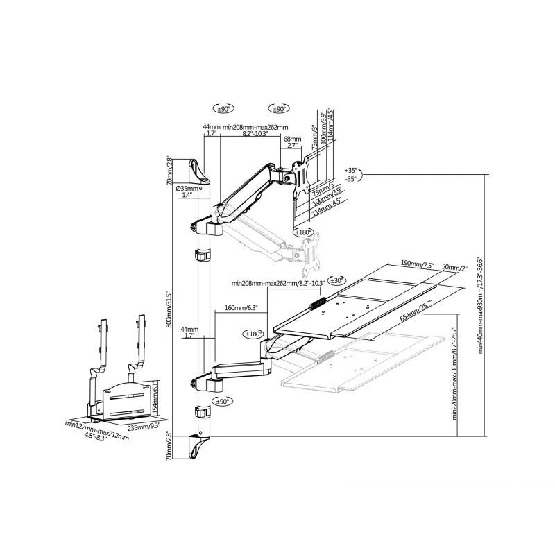 Equip wandgemonteerde workstation voor één monitor 17 inch – 32 inch