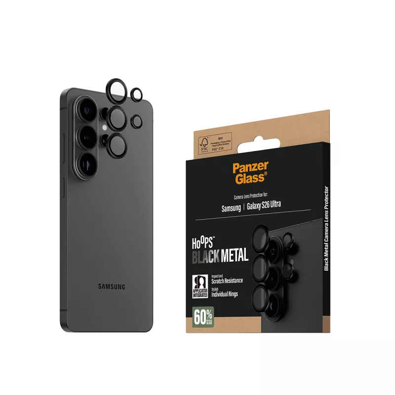 Camerabescherming PanzerGlass Hoops voor Samsung Galaxy S26 Ultra — gehard glas, silicone, zwart
