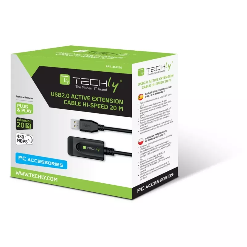Techly IUSB-REP220TY3 USB-kabel USB 2.0 20 m USB A zwart
