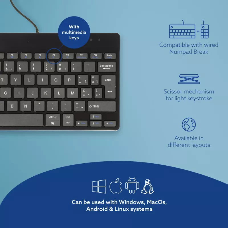 R-Go Tools ergonomisch toetsenbord R-Go Compact Break, compact toetsenbord met pauzesoftware, AZERTY (BE), bedraad, zwart
