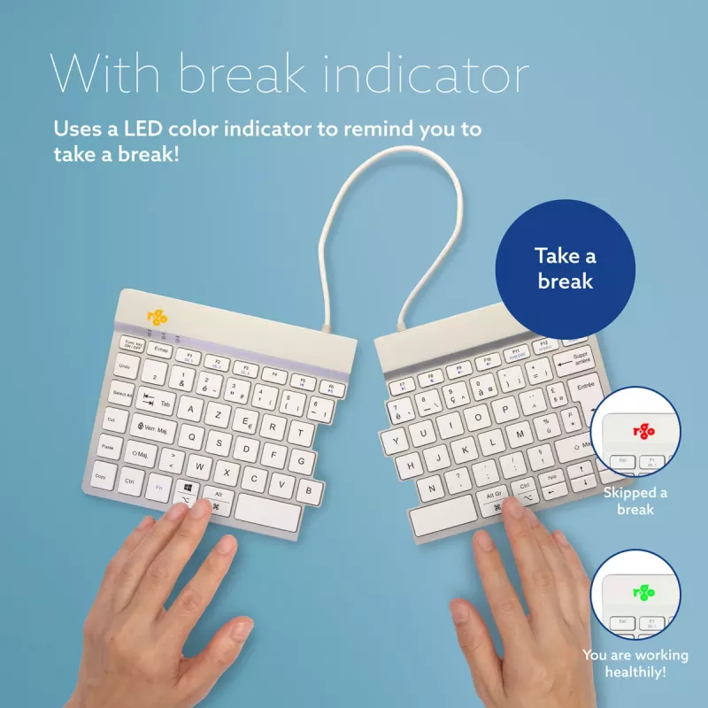 R-Go Tools ergonomisch toetsenbord R-Go Split Break met pauzesoftware, ergonomisch gesplitst toetsenbord, AZERTY (FR), Bluetooth, wit