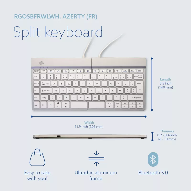 R-Go Tools ergonomisch toetsenbord R-Go Split Break met pauzesoftware, ergonomisch gesplitst toetsenbord, AZERTY (FR), Bluetooth, wit