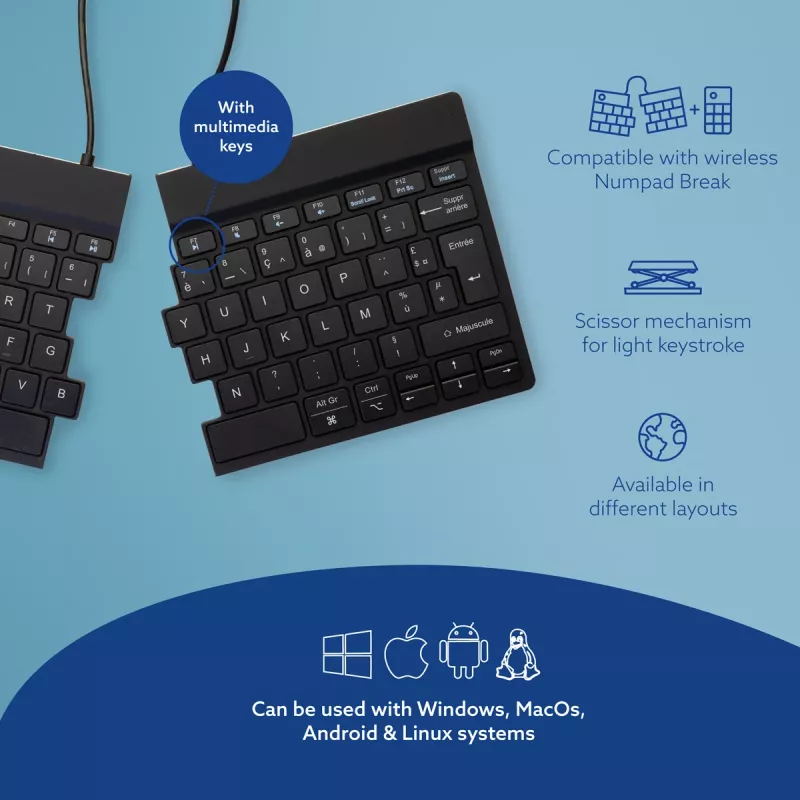 R-Go Tools ergonomisch toetsenbord R-Go Split Break met pauzesoftware, ergonomisch gesplitst toetsenbord, AZERTY (FR), Bluetooth, zwart