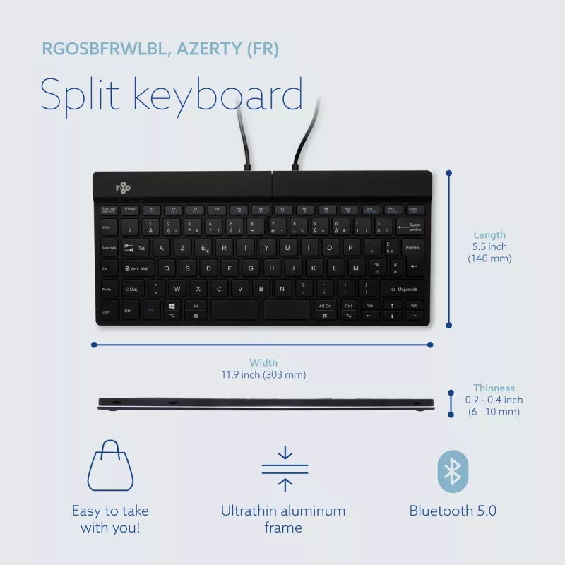 R-Go Tools ergonomisch toetsenbord R-Go Split Break met pauzesoftware, ergonomisch gesplitst toetsenbord, AZERTY (FR), Bluetooth, zwart