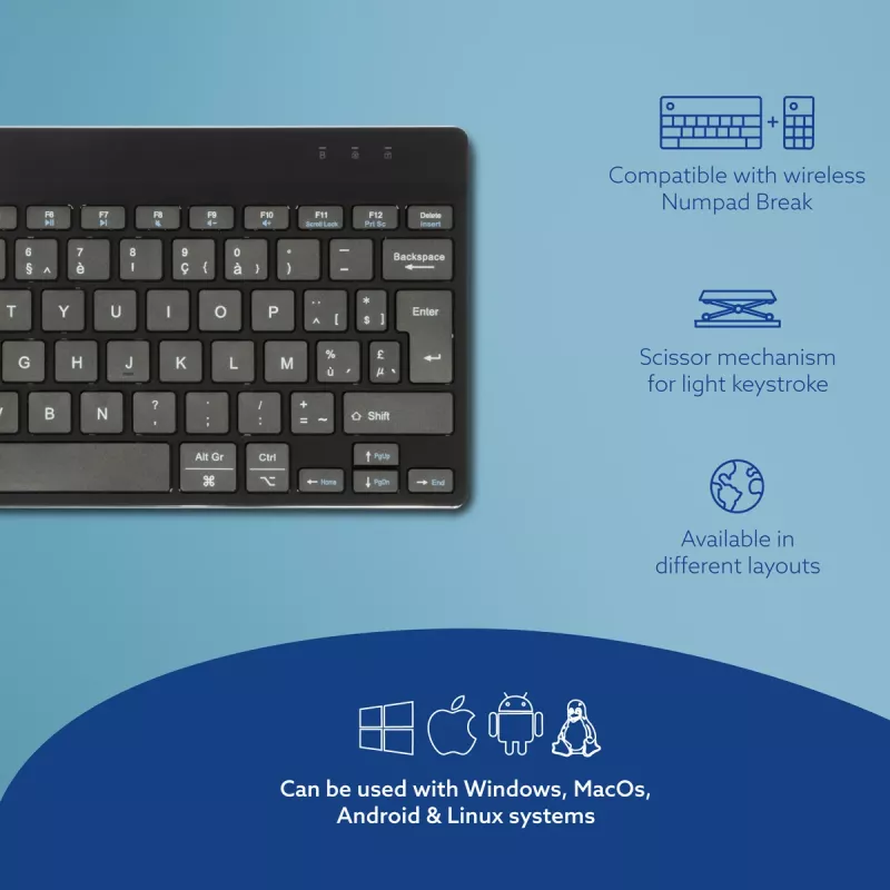 R-Go Tools ergonomisch toetsenbord R-Go Compact Break, compact toetsenbord met pauzesoftware, AZERTY (BE), Bluetooth, zwart