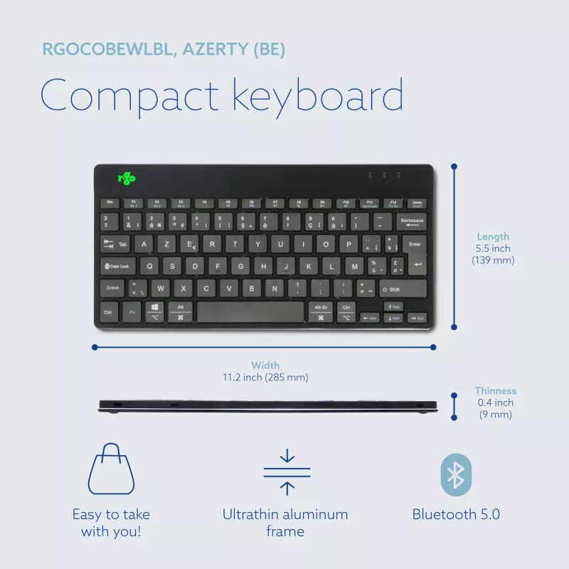R-Go Tools ergonomisch toetsenbord R-Go Compact Break, compact toetsenbord met pauzesoftware, AZERTY (BE), Bluetooth, zwart