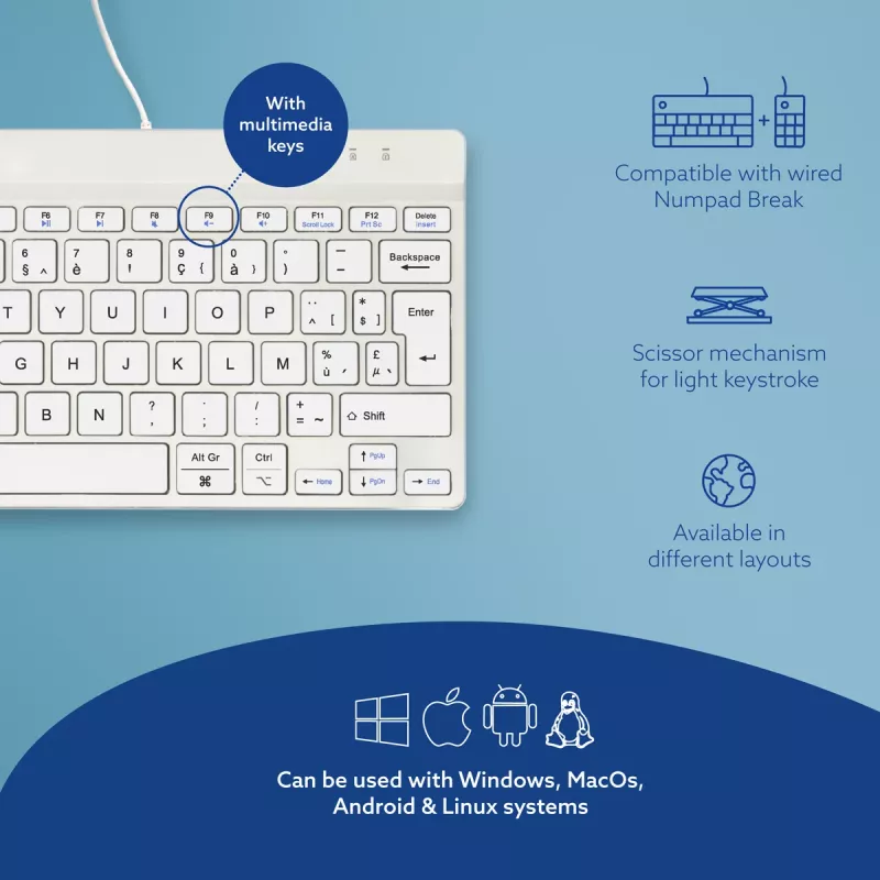 R-Go Tools ergonomisch toetsenbord R-Go Compact Break, compact toetsenbord met pauzesoftware, AZERTY (BE), bedraad, wit