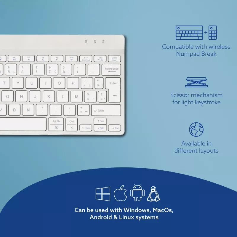 R-Go Tools ergonomisch toetsenbord R-Go Compact Break, compact toetsenbord met pauzesoftware, AZERTY (BE), Bluetooth, wit