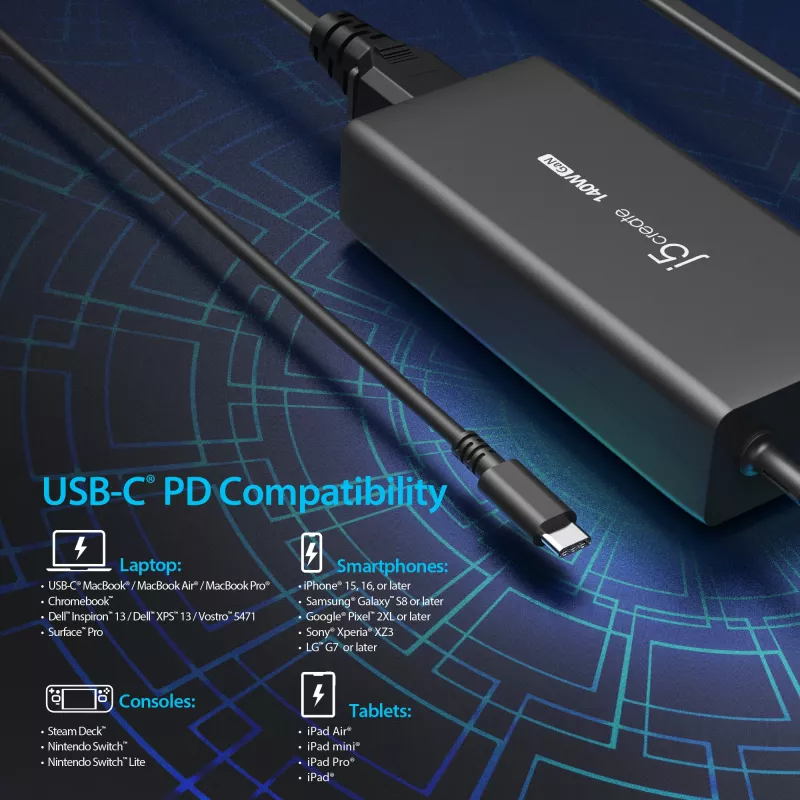 j5create JUP17140-EN 140 W GaN USB-C-oplader, PD 3.1, EU