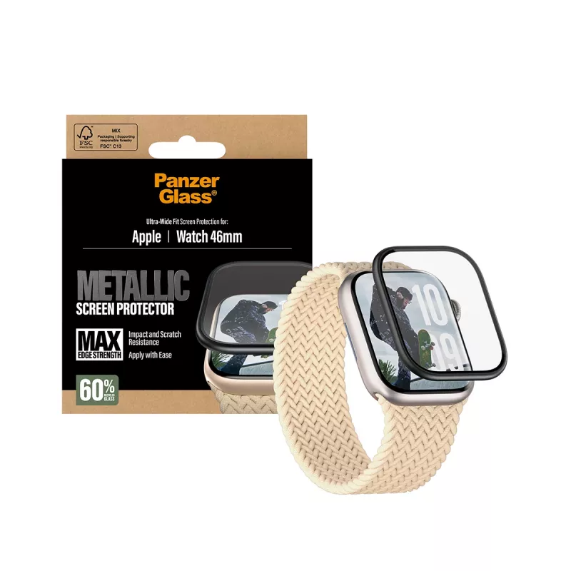 PanzerGlass displaybescherming met zwart metalen frame voor Apple Watch, model PG56329