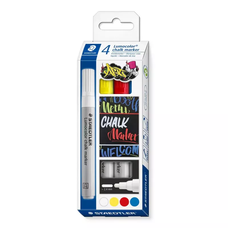 Krijtmarker Staedtler Lumocolor bullet blauw rood wit geel 4 stuks