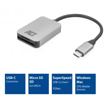 Kaartlezer ACT AC7056 USB 3.2 Gen 1 Type-C grijs MicroSD SD