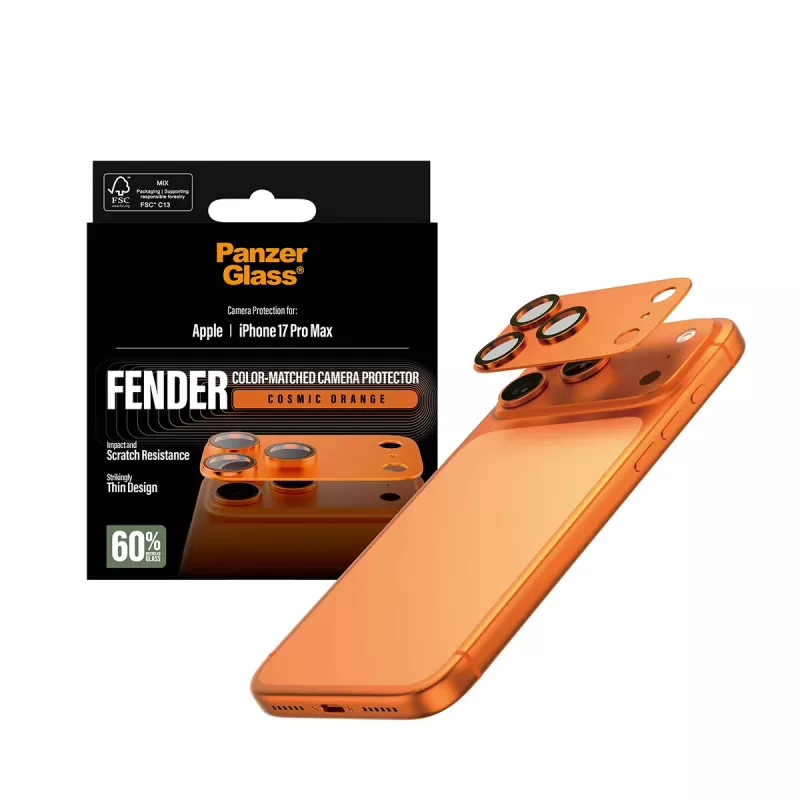 Camerabescherming PanzerGlass Fender voor iPhone 17 Pro Max, siliconen, Cosmic Orange, kras- en stootvast