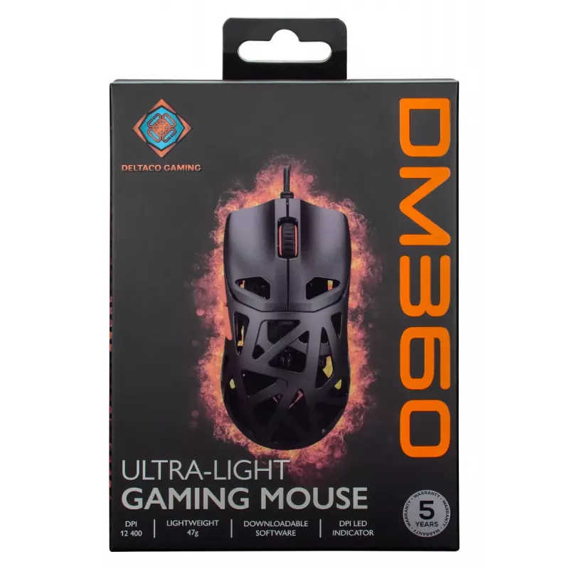 Gaming-muis DELTACO DM360 ultralight 47 g, 12.400 DPI, 3327-sensor