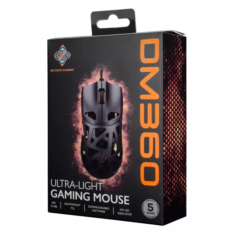 Gaming-muis DELTACO DM360 ultralight 47 g, 12.400 DPI, 3327-sensor
