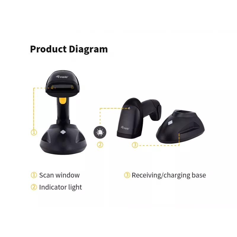Equip draadloze 1D laser-barcodescanner, groot bereik, met standaard