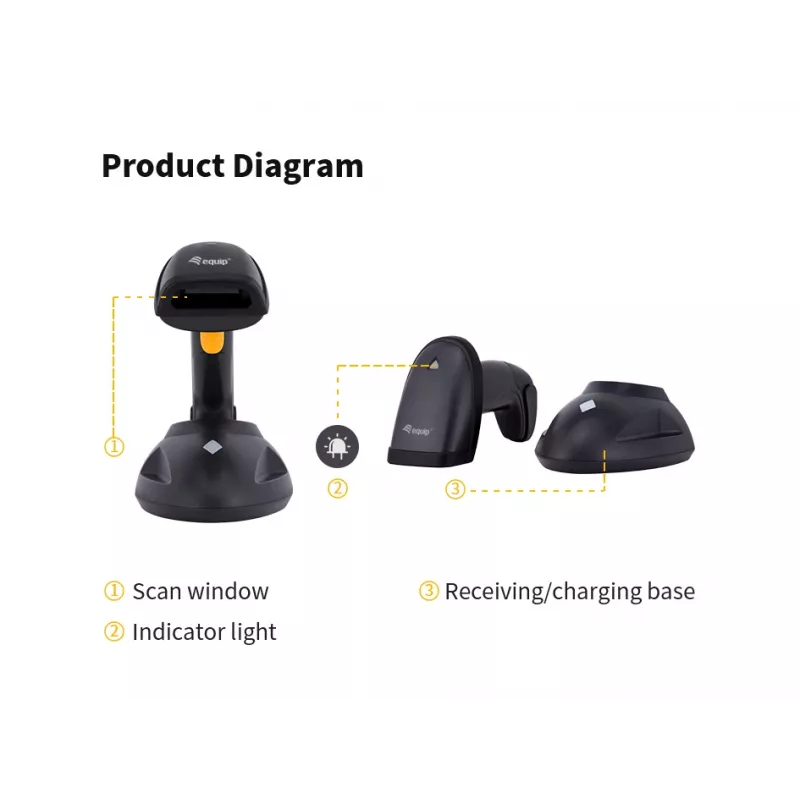 Equip draadloze handheld 2D-barcodescanner met groot bereik en standaard