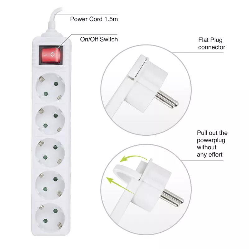 ACT meervoudig stopcontact met verlichte schakelaar en platte stekker, 5 stopcontacten, 1,5 m, wit