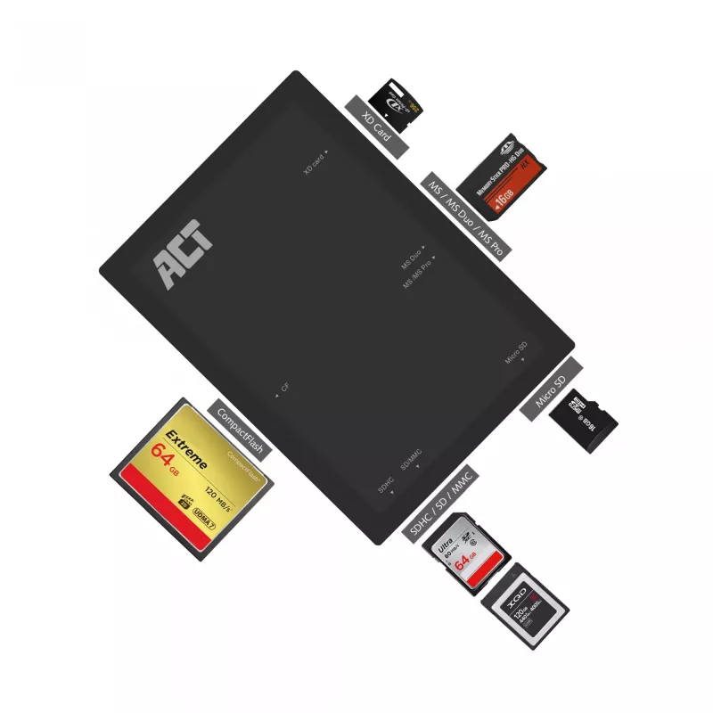 ACT USB 3.0-kaartlezer AC6370 CF MMC MS Duo MicroSD SDHC zwart