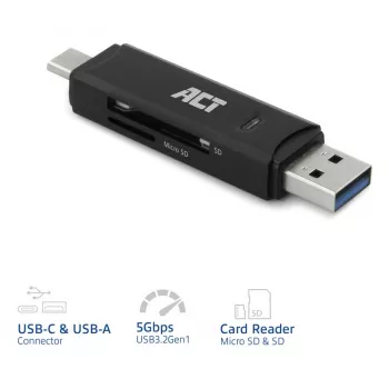 Kaartlezer ACT USB-C/USB-A 3.0 zwart