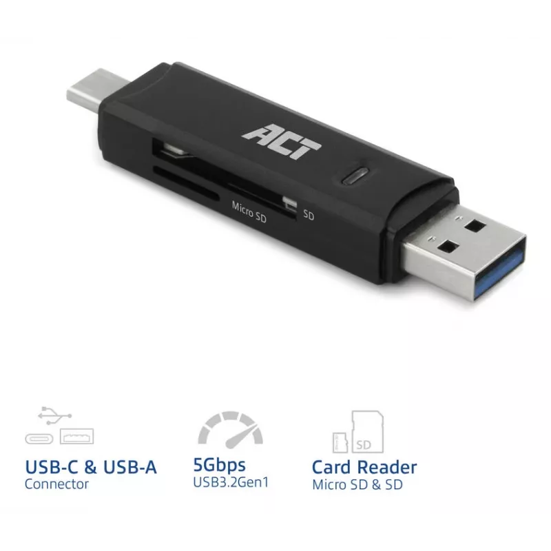 Kaartlezer ACT USB-C/USB-A 3.0 zwart