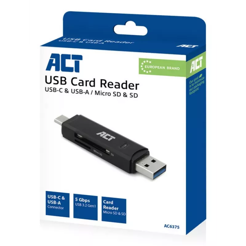 Kaartlezer ACT USB-C/USB-A 3.0 zwart