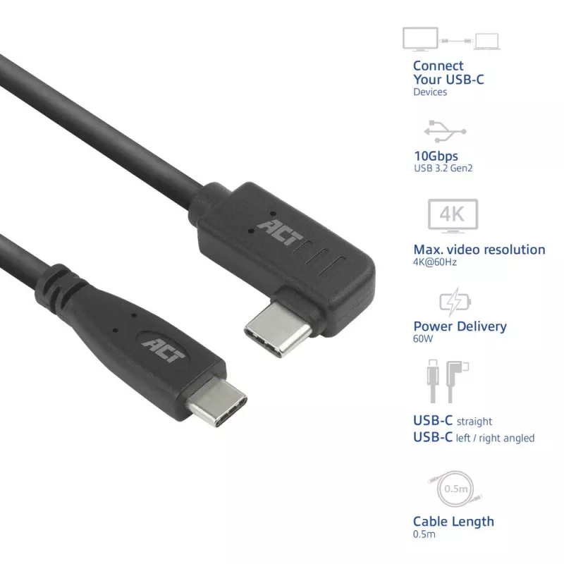ACT USB 3.0 10Gbps 60W USB Type-C (recht) naar USB Type-C (links/rechts haaks) kabel, 0,5 meter