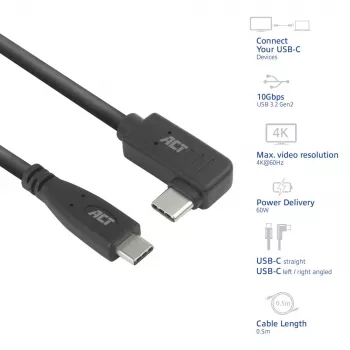 ACT USB 3.0 10Gbps 60W USB Type-C (recht) naar USB Type-C (links/rechts haaks) kabel, 3 meter