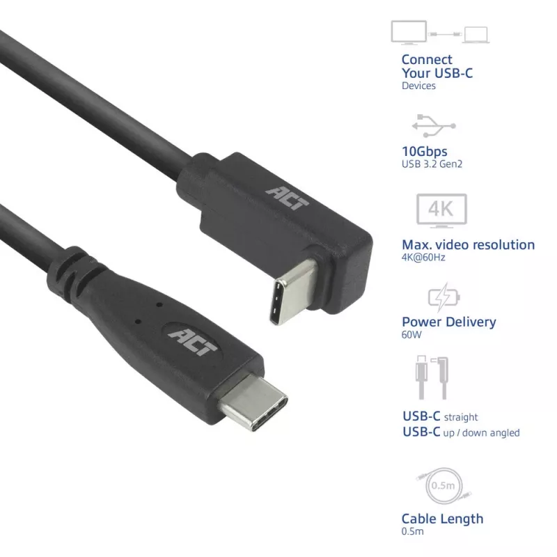 ACT USB 3.0 10Gbps 60W USB Type-C (recht) naar USB Type-C (opwaarts/afwaarts haaks) kabel, 1 meter
