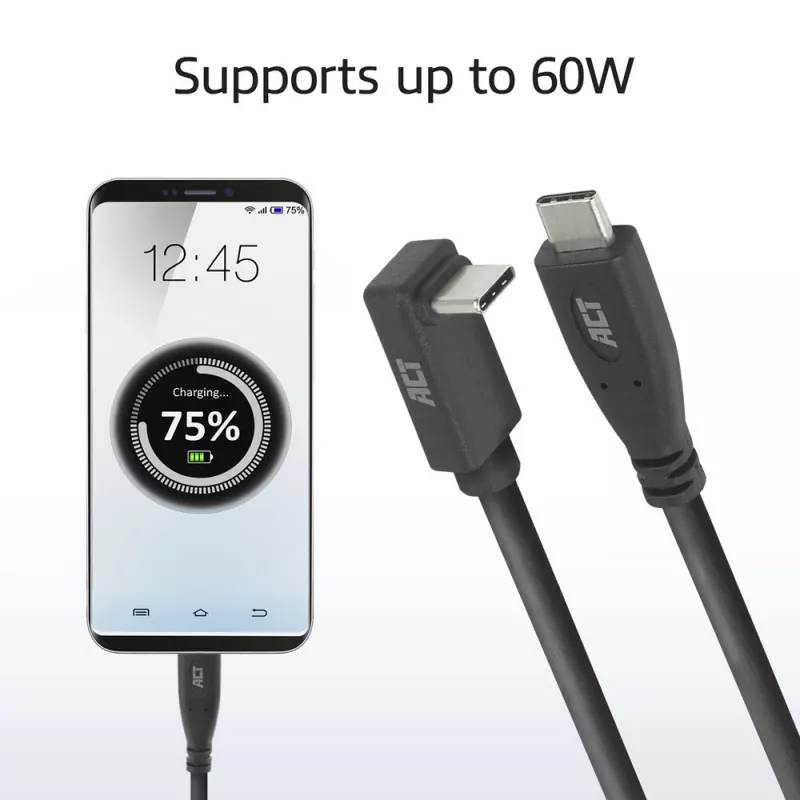 ACT USB 3.0 10Gbps 60W USB Type-C (recht) naar USB Type-C (opwaarts/afwaarts haaks) kabel, 1 meter