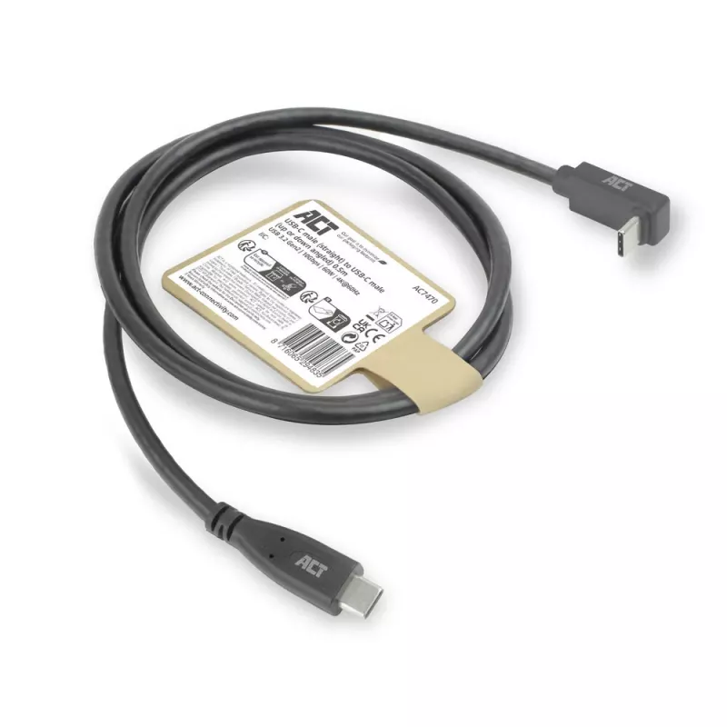 ACT USB 3.0 10Gbps 60W USB Type-C (recht) naar USB Type-C (opwaarts/afwaarts haaks) kabel, 1 meter