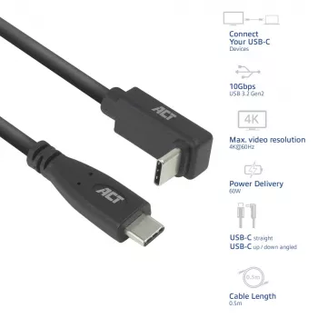 ACT USB 3.0 10Gbps 60W USB Type-C (recht) naar USB Type-C (op-/afwaarts haaks) kabel, 2 meter