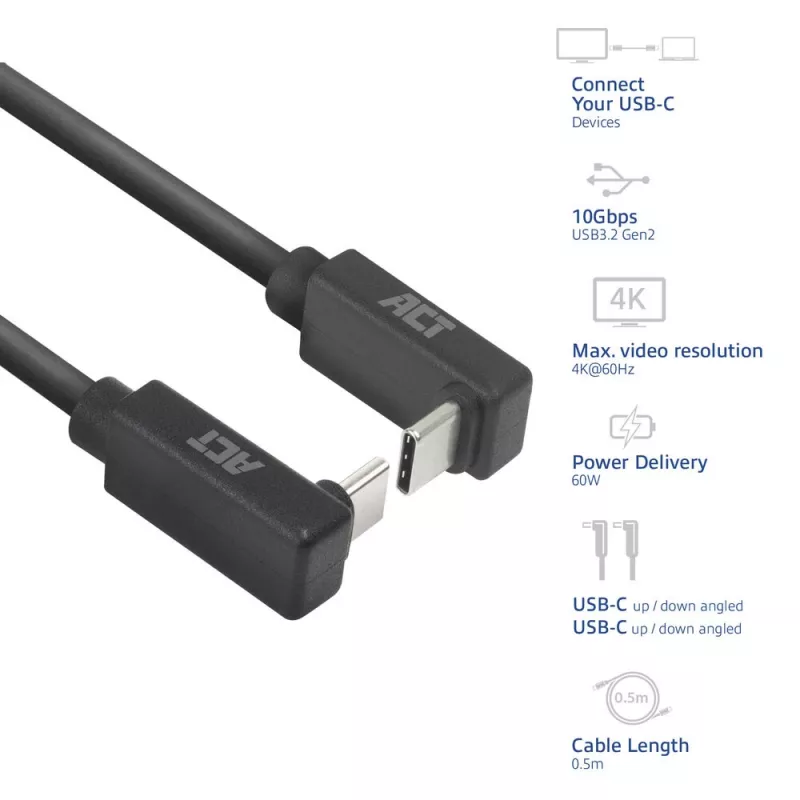 ACT USB 3.0 10Gbps 60W USB Type-C (naar boven/onder haaks) naar USB Type-C (naar boven/onder haaks) kabel, 1 meter
