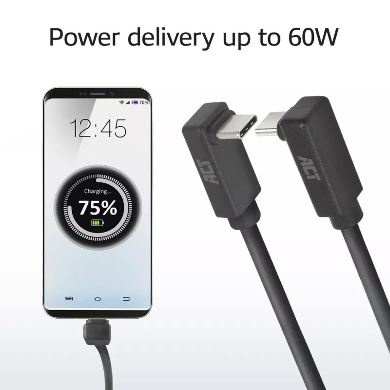 ACT USB 3.0 10Gbps 60W USB Type-C (naar boven/onder haaks) naar USB Type-C (naar boven/onder haaks) kabel, 1 meter