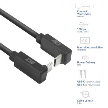 ACT USB 3.0 10Gbps 60W USB Type-C (naar boven/onder haaks) naar USB Type-C (naar boven/onder haaks) kabel, 2 meter