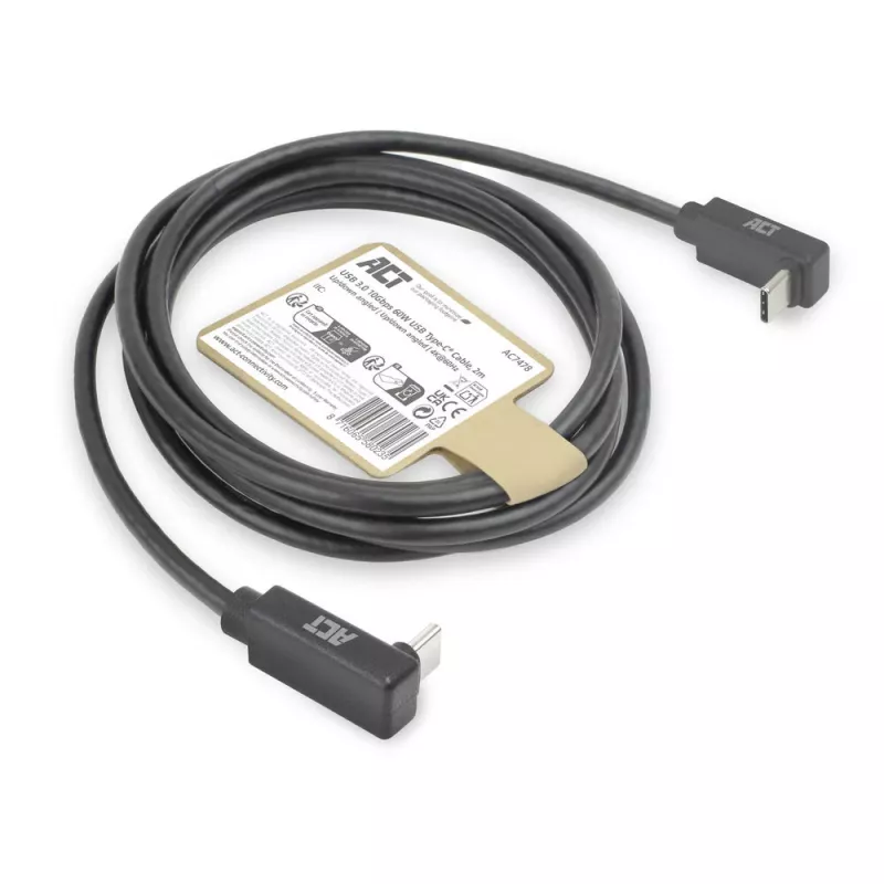 ACT USB 3.0 10Gbps 60W USB Type-C (naar boven/onder haaks) naar USB Type-C (naar boven/onder haaks) kabel, 2 meter