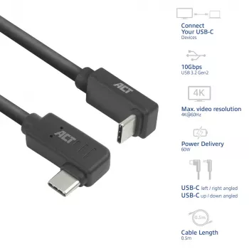 ACT USB 3.0 10Gbps 60W USB Type-C (links/rechts haaks) naar USB Type-C (op/af haaks) kabel, 2 meter