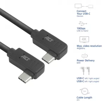 ACT USB 3.0 10 Gbit/s 60 W USB Type-C (links/rechts haaks) naar USB Type-C (links/rechts haaks) kabel, 1 meter