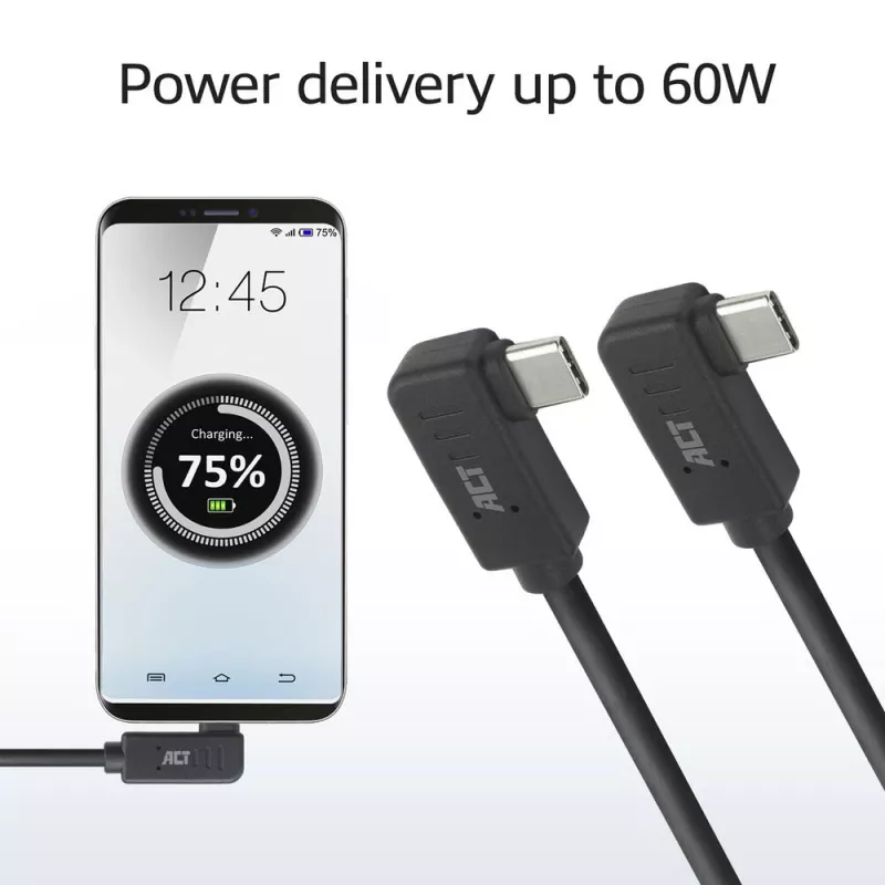 ACT USB 3.0 10 Gbit/s 60 W USB Type-C (links/rechts haaks) naar USB Type-C (links/rechts haaks) kabel, 1 meter