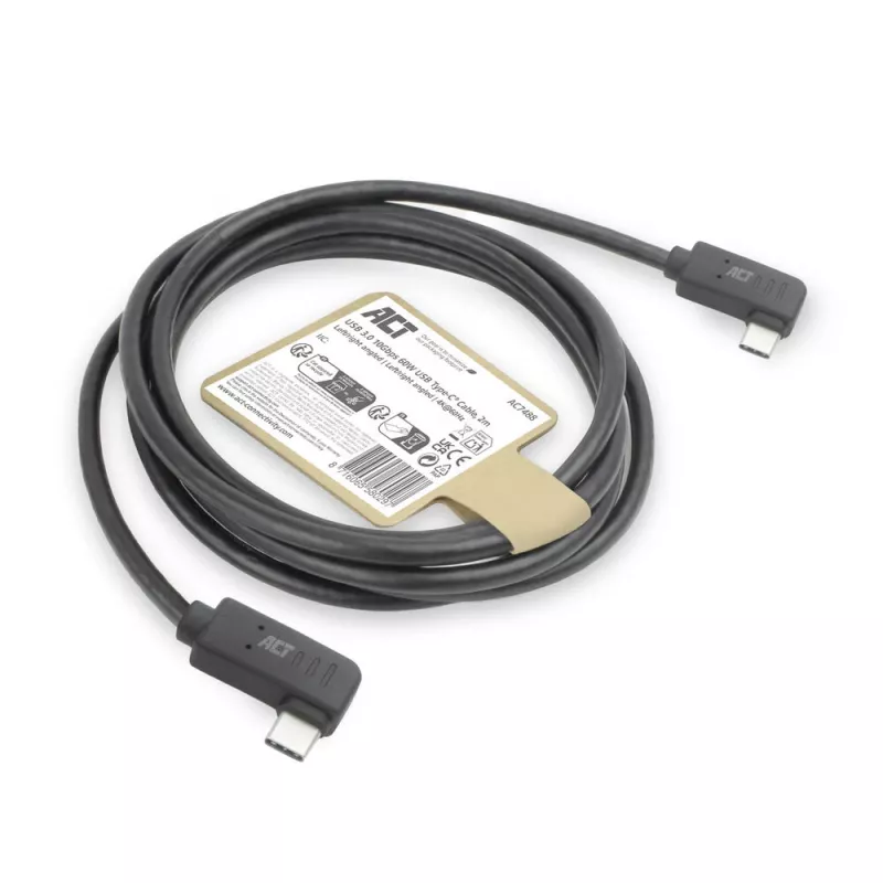 ACT USB 3.0 10 Gbit/s 60 W USB Type-C (links/rechts haaks) naar USB Type-C (links/rechts haaks) kabel, 1 meter