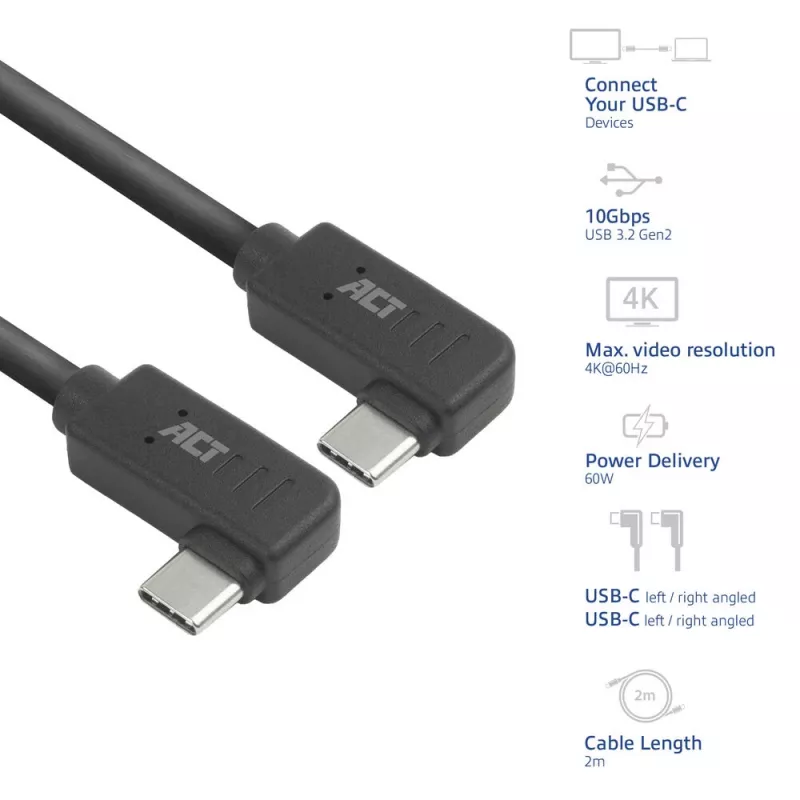 ACT USB 3.0 10Gbps 60W USB Type-C® (links/rechts haaks) naar USB Type-C® (links/rechts haaks) kabel, 2 meter