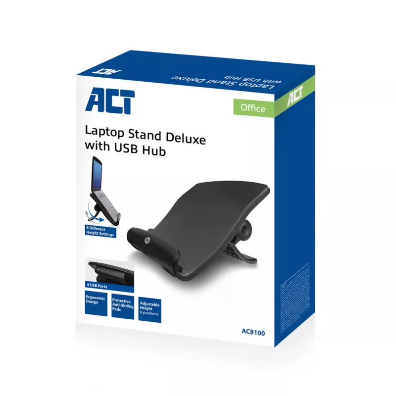 Laptopstandaard ACT AC8100 6-voudig in hoogte verstelbaar 4-poorts hub