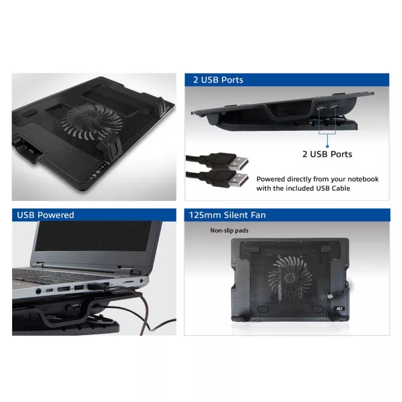 ACT laptopstandaard, met ventilator, 5-voudig in hoogte verstelbaar, 2-poorts hub