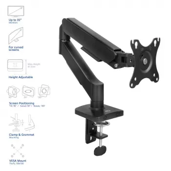 Monitorarm ACT voor 35-inch schermen, gasveer, enkel scherm, klem/bureau-doorvoer, tot 9 kg, VESA 75x75–100x100, kanteling ±45°, zwart