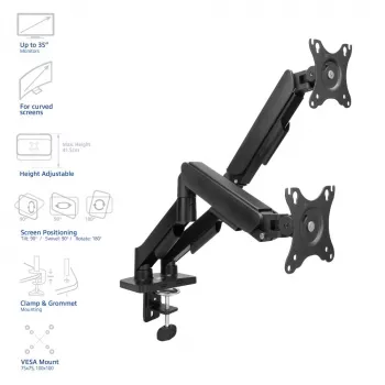 ACT monitorarm 35 inch, gasveer, 2 monitors, Essentials, klem/bureau-doorvoer, 18 kg, 43,2 cm (17 inch), 88,9 cm (35 inch), 100 x 100 mm, zwart