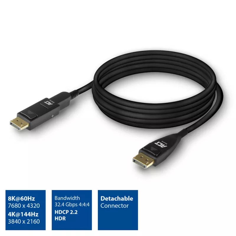 ACT 15 meter DisplayPort 1.4 actieve optische kabel 8K met afneembare stekker