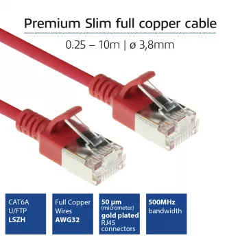 ACT rood 1 meter LSZH U/FTP CAT6A datacenter-slimline-patchkabel met rastongbeveiliging en RJ45-stekkers