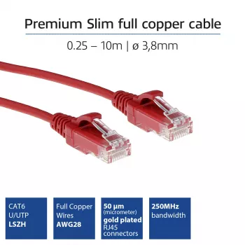 ACT rood 3 meter LSZH U/UTP CAT6 datacenter slimline patchkabel snagless met RJ45-stekkers