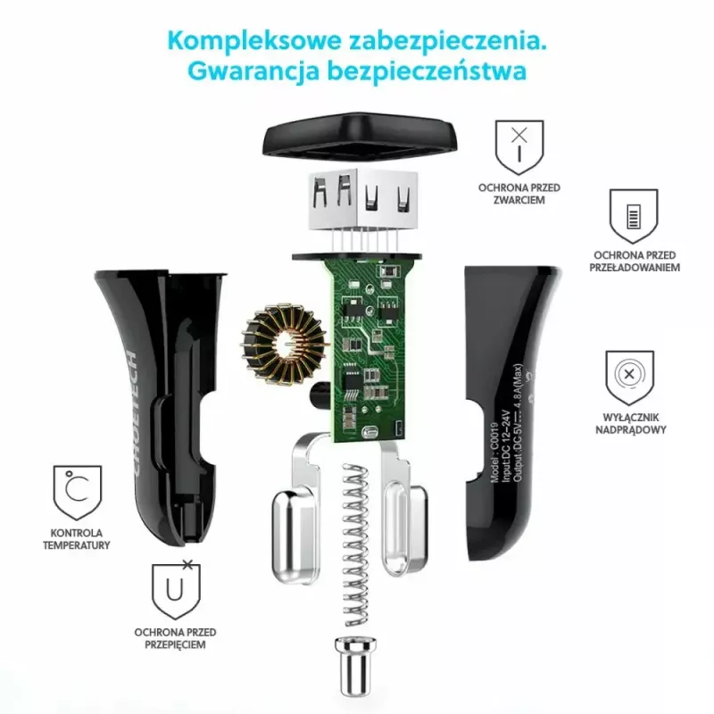 Voeding CHOETECH C0051 dual USB-A 36W QC3.0, zwart
